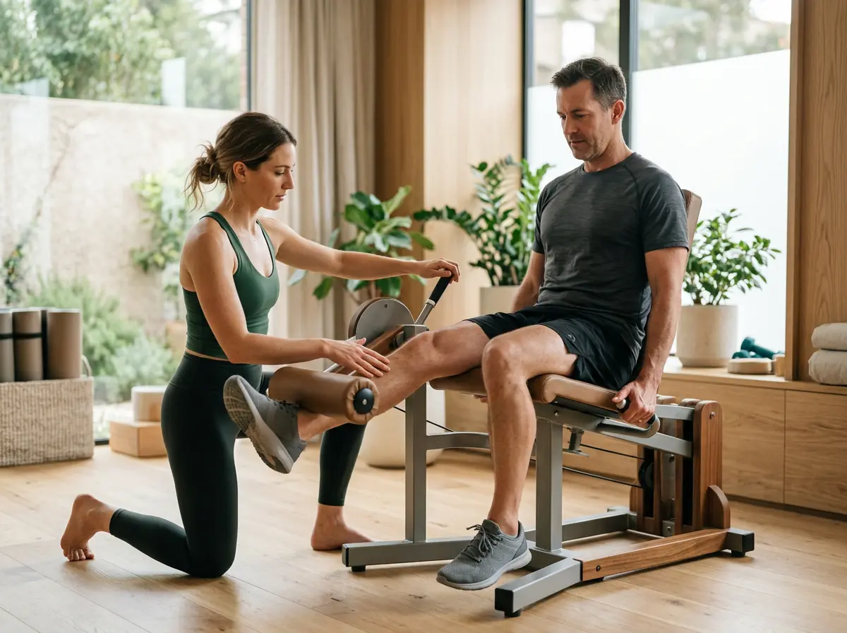 Coach guiding a client through a measured resistance movement in a bright recovery studio